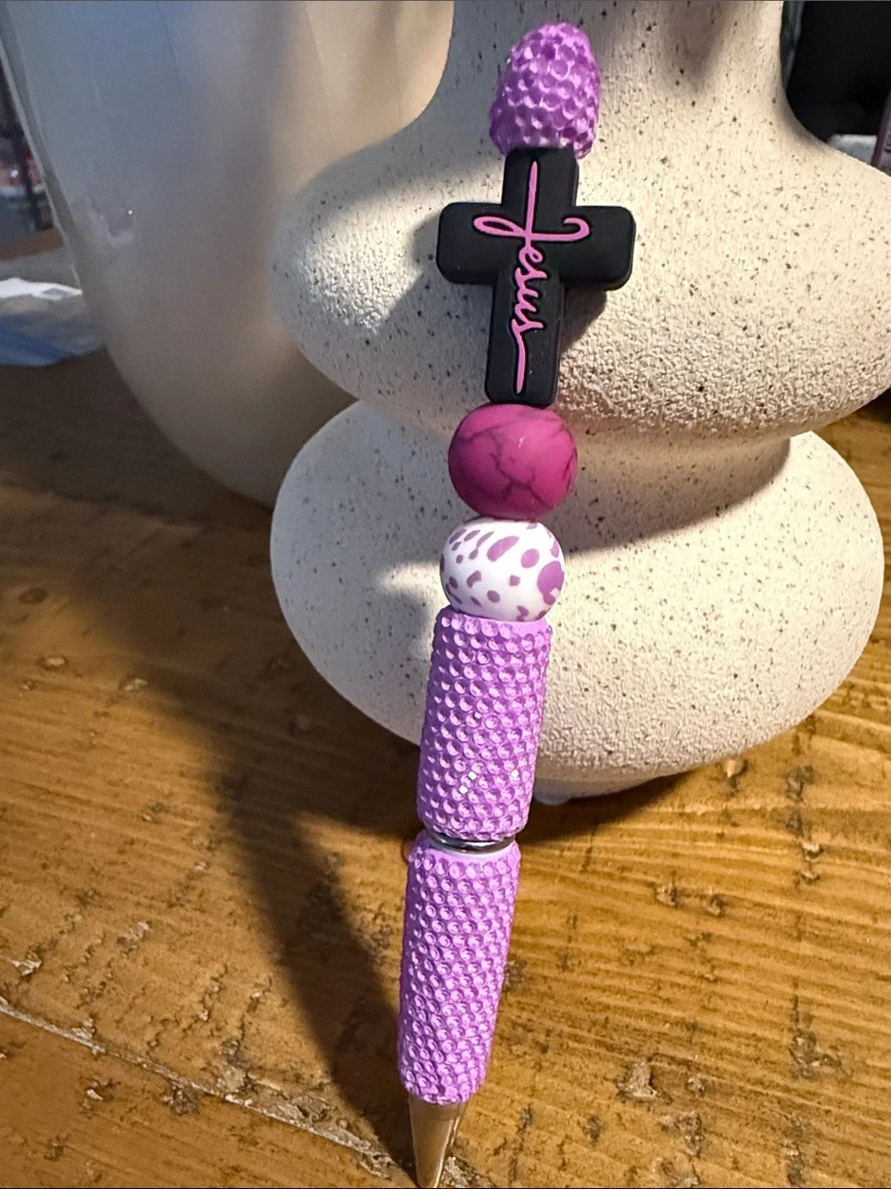 Pink Purple Beaded Jesus Cross Pen - Faith Accessory